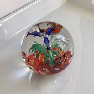 Large Art Glass Paperweight Underwater Scene Dolphins & Fish 3.5” Diameter